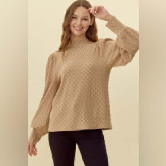 JODIFL Tops - JODIFL Tan Textured High-Neck Long Sleeve Top